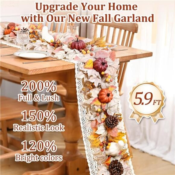 Fall Decorations for Home, 5.9Ft Fall Garland for Mantle, Fall Leaves Garland - Picture 3 of 8